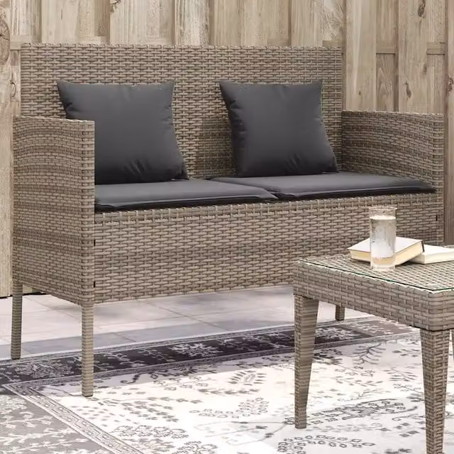 Panca da giardino Design Mania in polyrattan grigia con cuscini e braccioli