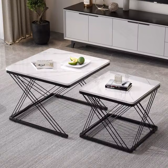 Set 2 tavolini da salotto quadrati, 60x60x45 cm e 45x45x40 cm, effetto marmo lucido, piedi regolabili in altezza, portata 30 kg
