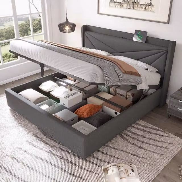 Letto Contenitore Matrimoniale Imbottito in Tessuto con USB ¨C Xylo ¨C 180x200, con Rete a Doghe
