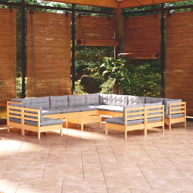 Set di Divani da Giardino vidaXL 14 Pezzi in Legno Massello di Pino con Cuscini Grigi a Forma di U