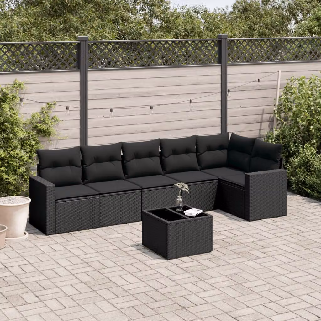 Set di divani da giardino vidaXL a forma di L in polyrattan nero con 7 pezzi e cuscini inclusi – 1