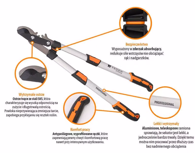 Forbici da giardino professionali - a due mani, telescopiche, in alluminio, marca Teger
