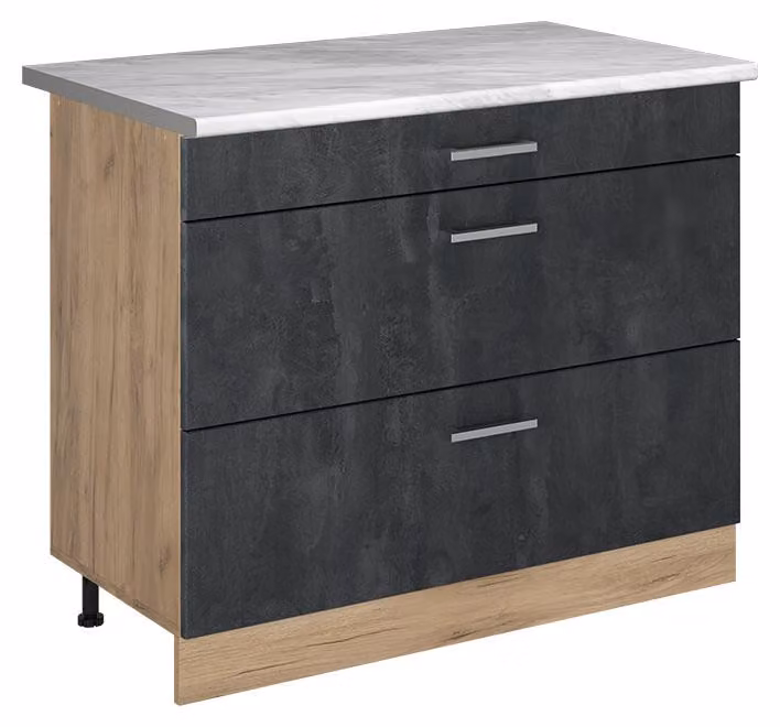 Mobiletto base per cucina Vicco R-Line Calce nera/Rovere dorato 100 cm piano di lavoro Marmo, Model 71638