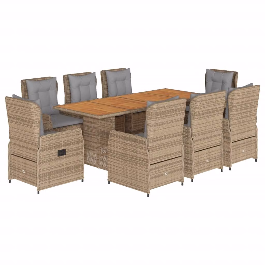 Set da Pranzo da Giardino 9 pz con Cuscini Beige in Polyrattan