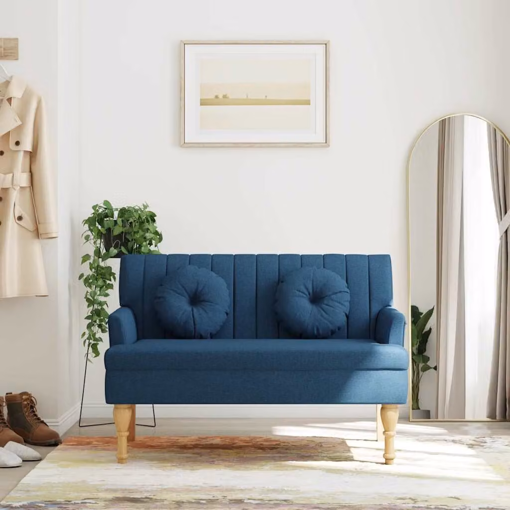 Panca con Cuscini vidaXL Blu in Tessuto e Legno di Gomma L: 113 cm, P: 64,5 cm, H: 75,5 cm