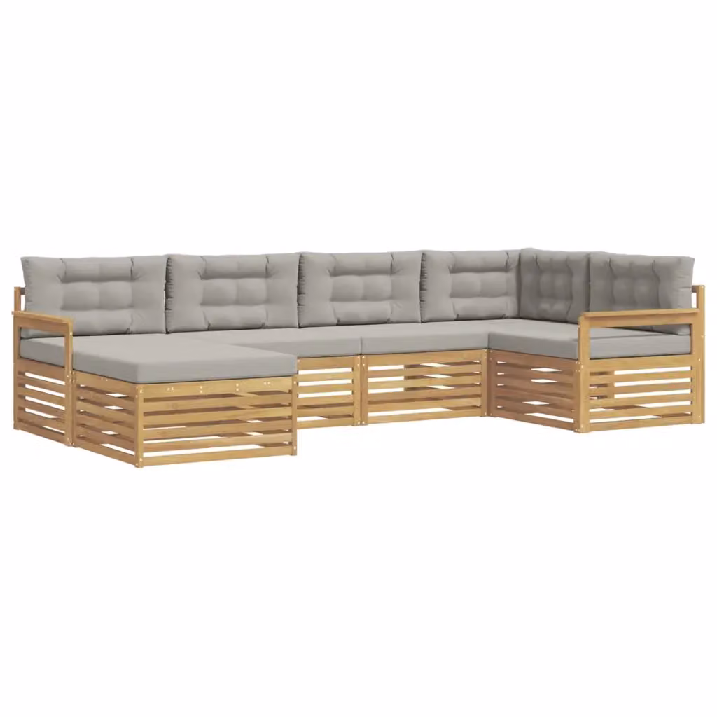 Set di divani da esterno a L con pouf vidaXL, colore bianco e grigio, struttura in legno di acacia e cuscini inclusi – 2
