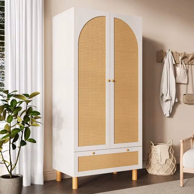 Armadio guardaroba a 2 ante con dettagli in rattan e ripiani regolabili, bianco, H: 180,5 cm, L: 85,5 cm, P: 52 cm – 1