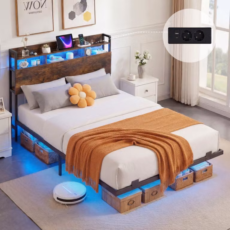 Costway Letto matrimoniale fluttuante in metallo stile industriale con contenitore e luci LED, Marrone, 140x200 cm