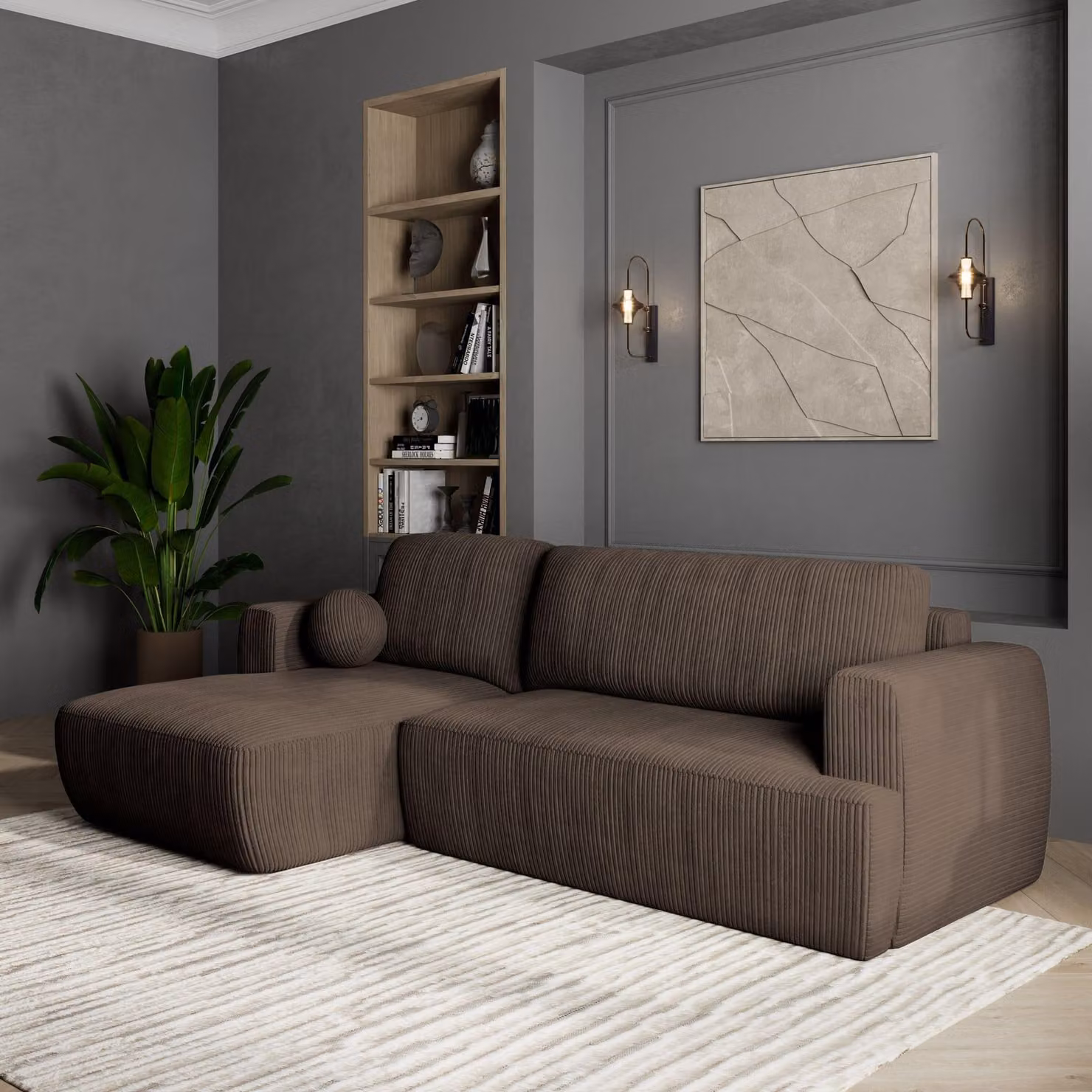 Divano angolare SENTI P L-S di Masseno con funzione letto a L, divano con box letto, divano da soggiorno, divano, divano letto, set di divani - marrone, POSO 06