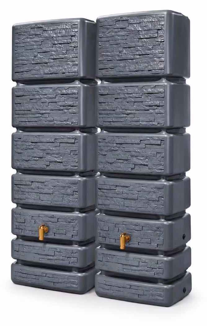 Set di serbatoi a parete 4rain SLIM STONE DECOR, capacità 700 litri, colore grigio grafite, composto da 2 serbatoi SLIM da 350 litri ciascuno, inclusi i connettori