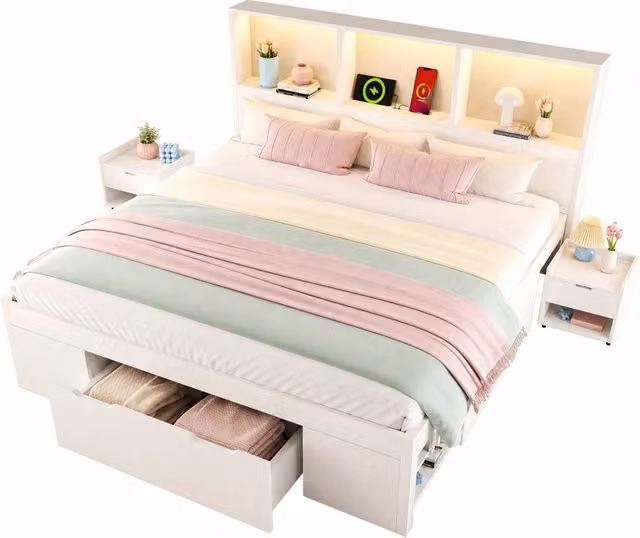 Letto matrimoniale 140x190 cm con LED; USB-C; comodini mobili e cassetto; bianco
