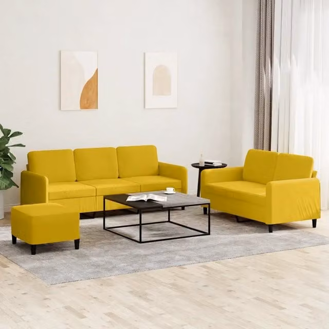 Set di divani 3 pezzi vidaXL in velluto giallo con pouf e cuscini per soggiorno in stile moderno