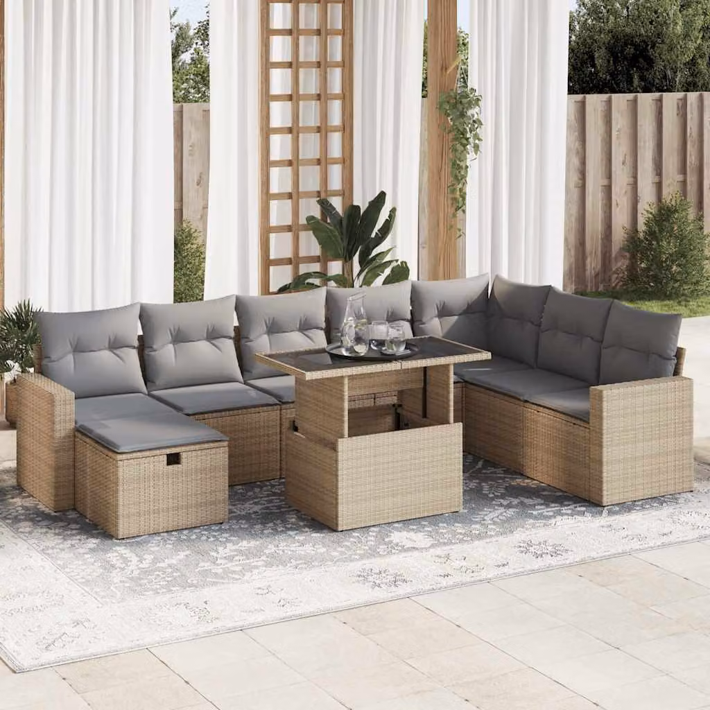 Set Divano da Giardino vidaXL 9 pz in Polyrattan con Cuscini Beige e Tavolino da Esterno