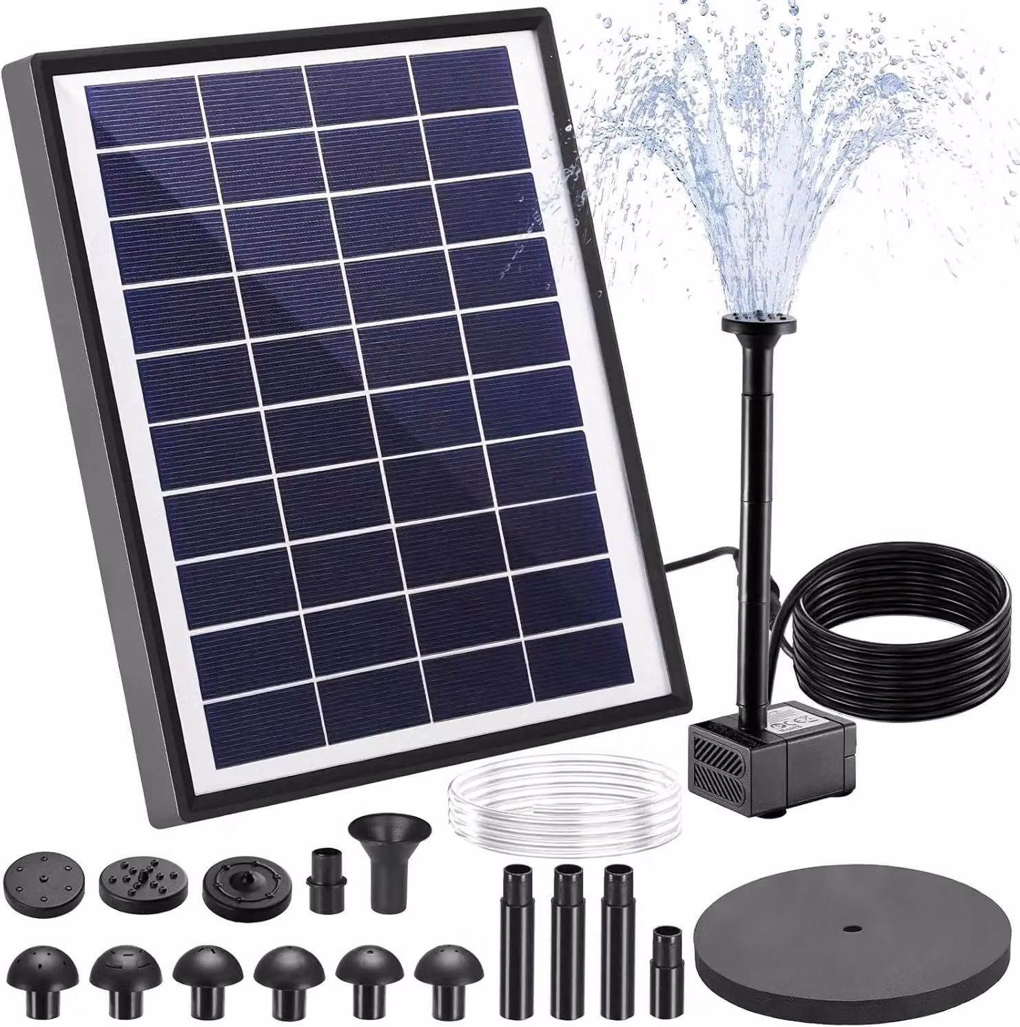 Pompa solare per laghetto - Kit pompa solare per fontana - Pompa solare da 6,5 W - Portata 180 l/h - Con pannello filtrante e 9 ugelli - Per laghetti da giardino e acquari
