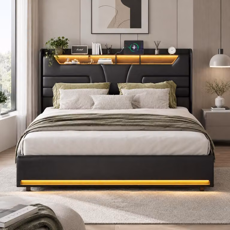 Letto imbottito INONEFT 140x200 cm con LED, letto con sistema di sollevamento idraulico e spazio contenitore, letto matrimoniale per ragazzi con spazio contenitore, testiera e funzione di ricarica USB, rivestimento inPoliuretanonero