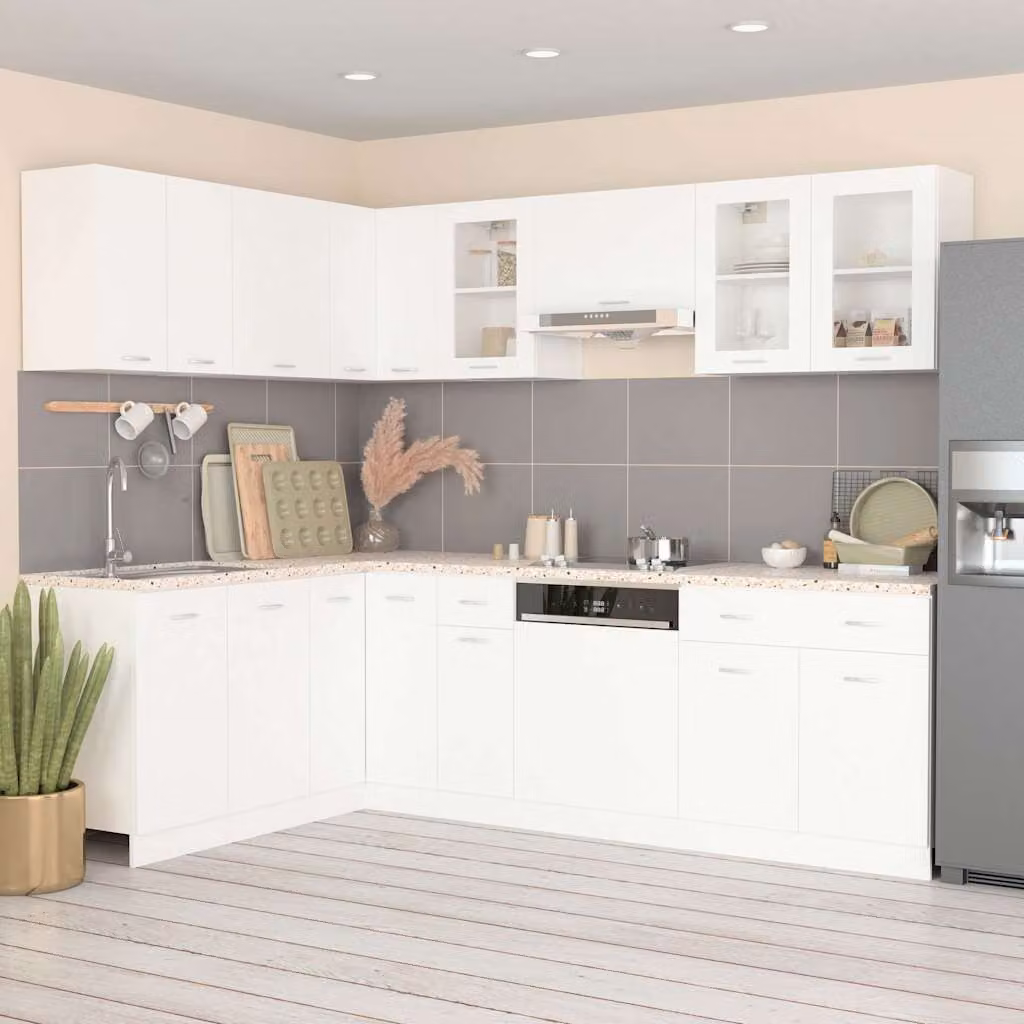 Set di armadi da cucina moderno vidaXL Lyon composto da 11 pezzi in bianco con ante in vetro e ripiani interni