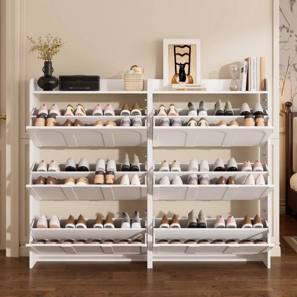 Scarpiera moderna per ingresso con 6 ante a ribalta e ripiani interni in MDF bianco, L 140 cm x P 25 cm x H 120 cm – 2