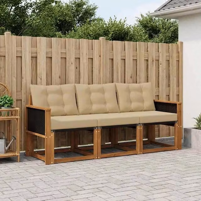 Set di divani da esterno 3 pezzi vidaXL in legno di acacia e textilene beige con cuscini inclusi – 1