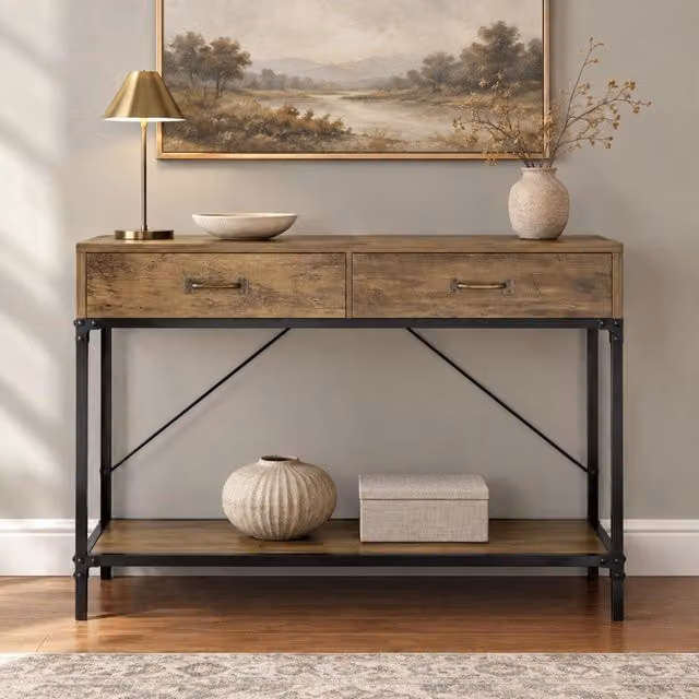 Consolle ULEVR 100x35x76,5 cm con 2 cassetti e ripiano inferiore, pannelli truciolari e metallo marrone e nero