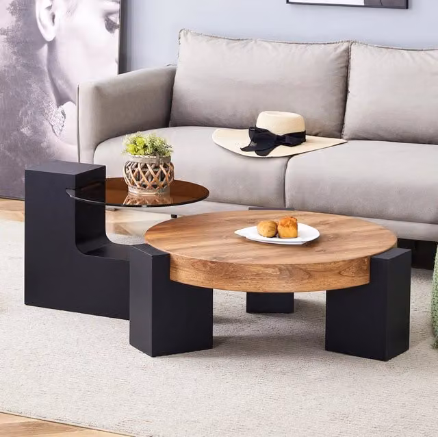 Set di tavolini rotondi con tavolino da salotto a 2 livelli; MDF e vetro; nero ed effetto legno