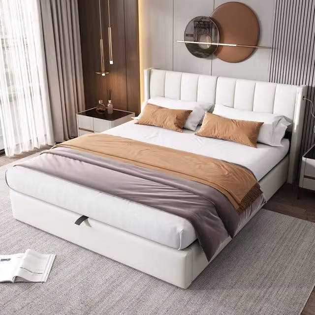 Letto contenitore Mivray bianco con illuminazione LED, porta USB Type-C e testiera regolabile, L/P: 140 x 200 cm