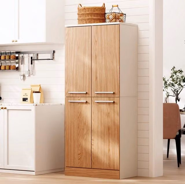 Mobile dispensa moderna con 4 ante a battente e ripiani interni, finitura opaca bianco e beige, L: 76 cm, P: 42 cm, H: 180 cm