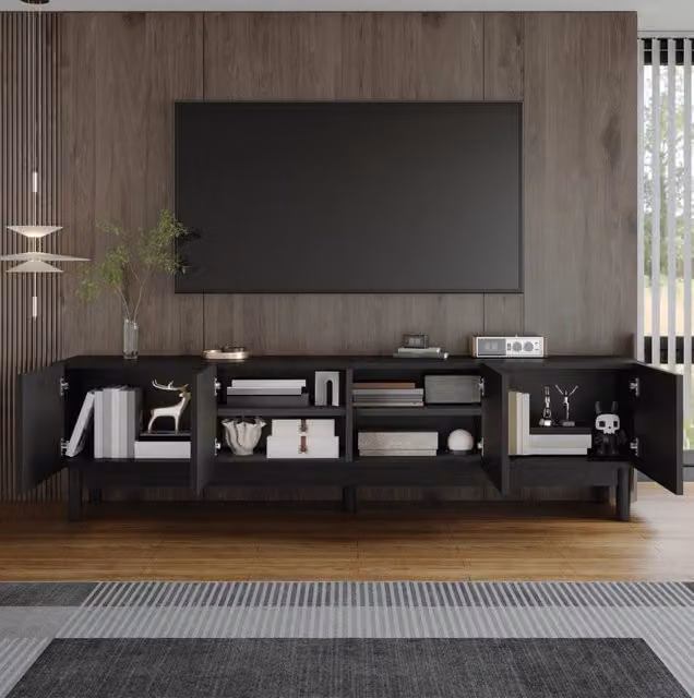 Mobile TV moderno MODFU nero con 4 ante in MDF e legno L: 169 cm, P: 35 cm, H: 45,5 cm