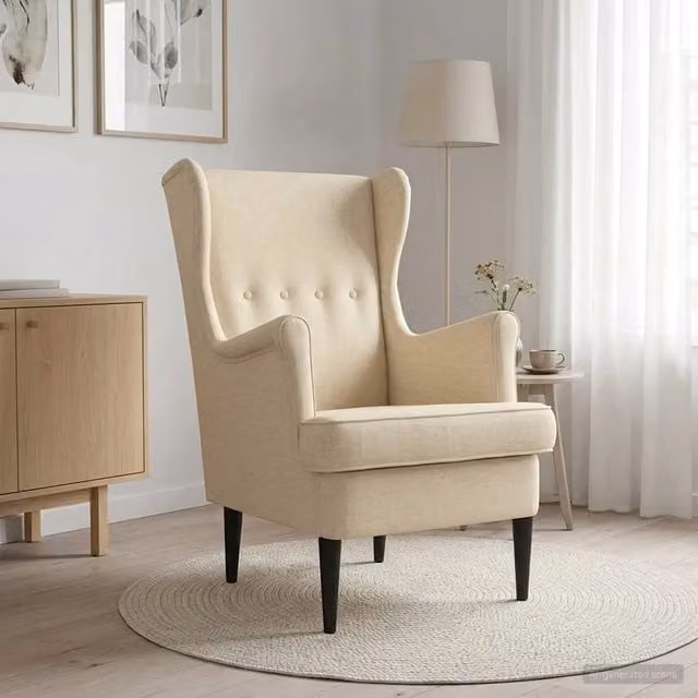 Poltrona Lounge Mid-Century in Tessuto Beige con Braccioli e Struttura in Legno e Metallo 800721 L: 79 cm, P: 65 cm, H: 100 cm