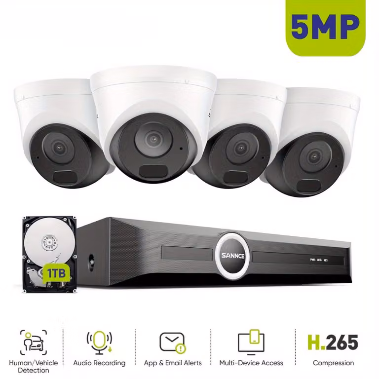 Sistema di videosorveglianza – 4 telecamere IP da 5MP – 1TB di spazio di archiviazione – Visione notturna e registrazione audio