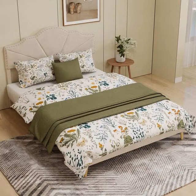 Letto matrimoniale 160×200 cm 2 posti con testiera imbottita geometrica, senza materasso, tessuto beige