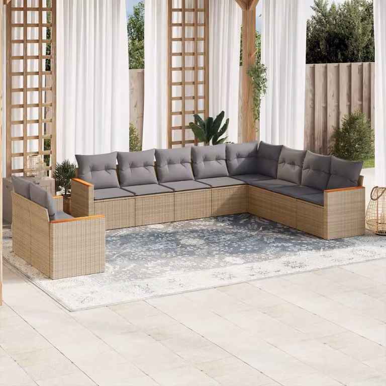 vidaXL Set Divano da Giardino 10 pz a Forma di L in Polyrattan con Cuscini Beige e Grigio