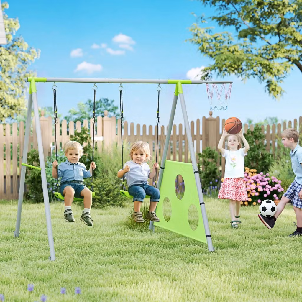 Giordanoshop Gioco per Bambini 3 in 1 con 2 Altalene, Canestro e Porta da Calcio, Verde e Grigio, L/P/H: 238 x 180 x 182 cm – 2