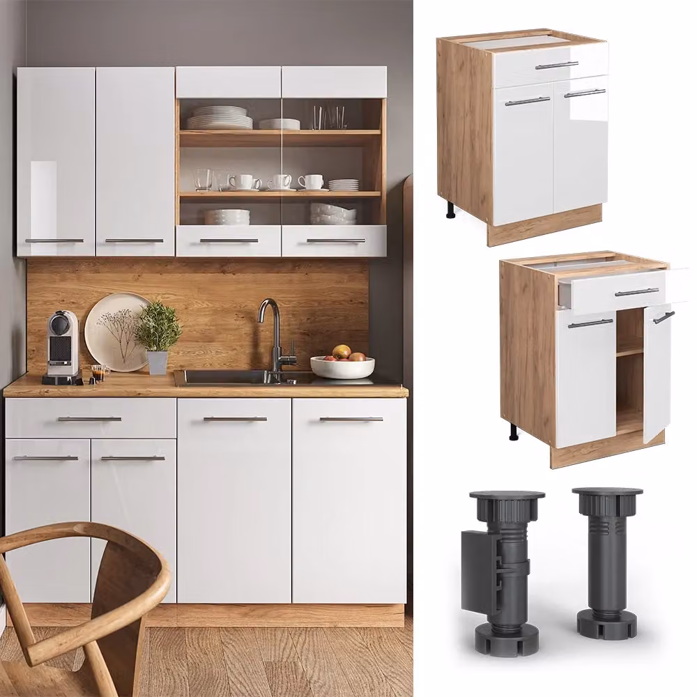 Mobiletto base per cucina Vicco Fame-Line Bianco lucido e Rovere dorato con cassetto, senza piano di lavoro, Larghezza: 60 cm – 2