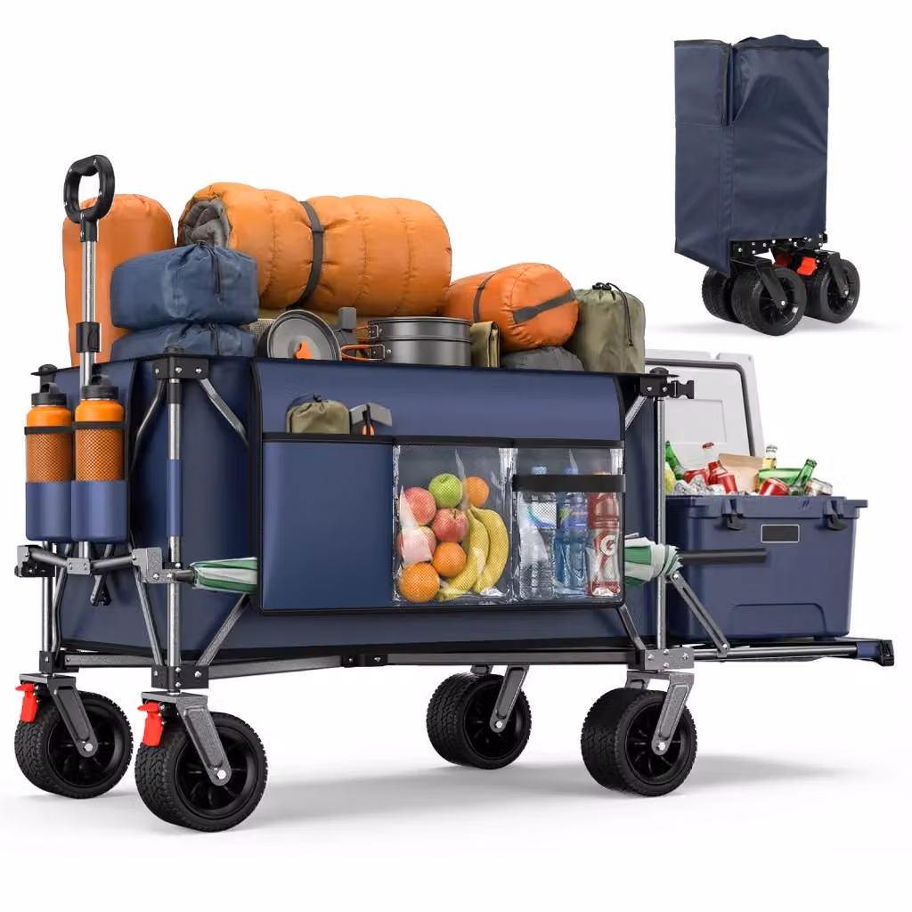 Carrello pieghevole WISHDOR con sponda estensibile, ruote all-terrain e portabicchieri in acciaio, blu grigio, 140 cm – 2