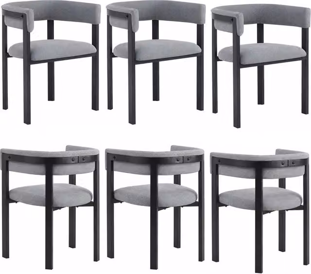 Set di 6 sedie da pranzo grigie in chenille con schienale avvolgente e struttura in metallo, design moderno