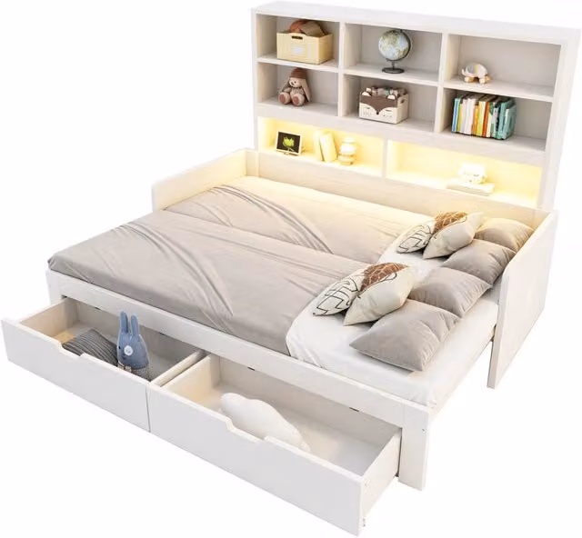 Letto estraibile 90/180x200 cm con LED; prese; 2 cassetti e ripiani in MDF bianco
