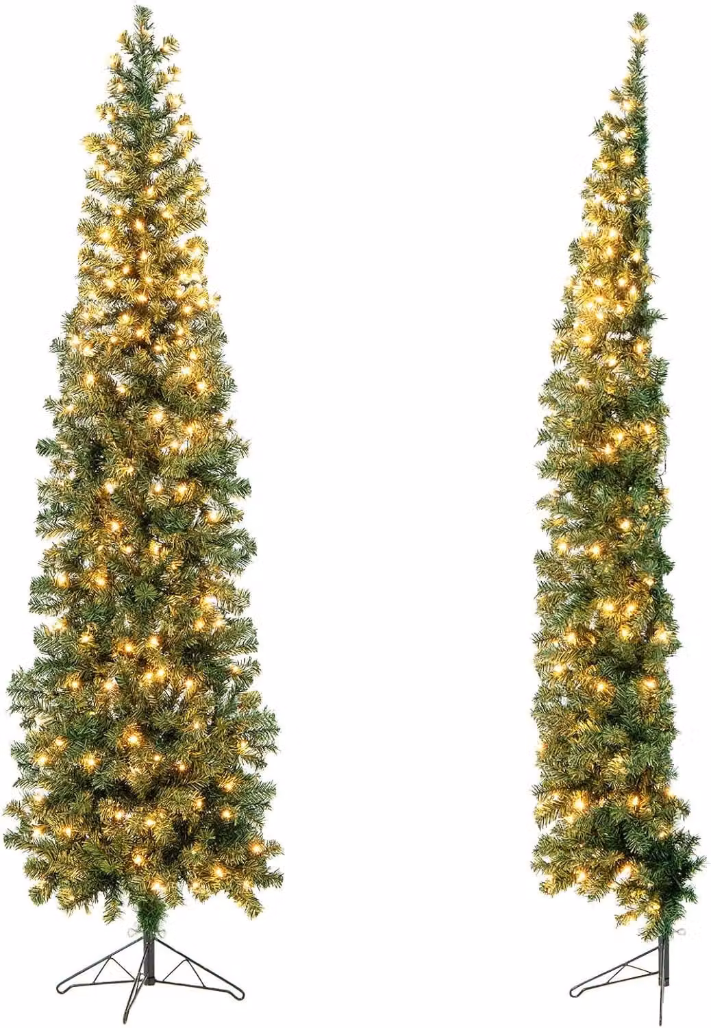 COSTWAY Albero di Natale a LED da 210 cm, albero di Natale salvaspazio con 450 punte di rami, 150 LED e supporto in metallo, albero di Natale artificiale sottile per interni
