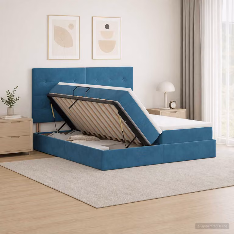 Letto con contenitore vidaXL in velluto blu con base a sollevamento, L: 180 cm, P: 200 cm, H: 140 cm