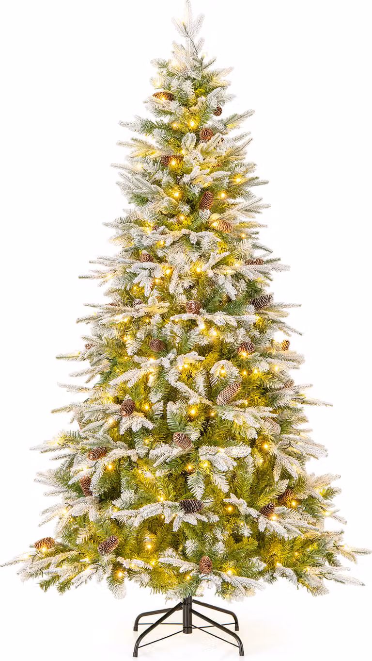 COSTWAY 190 cm albero di Natale artificiale con luci e neve, albero di Natale con 280 luci LED bianco caldo e 62 pigne