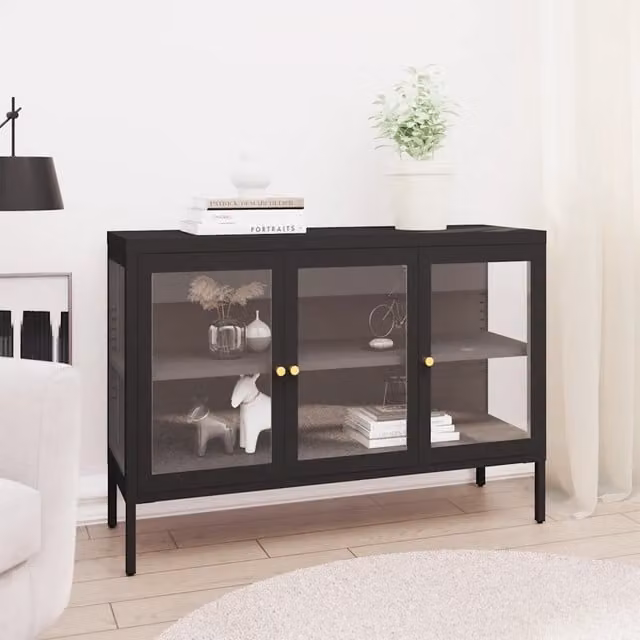 Credenza vidaXL in metallo e vetro nera per soggiorno L: 105 cm, P: 35 cm, H: 70 cm