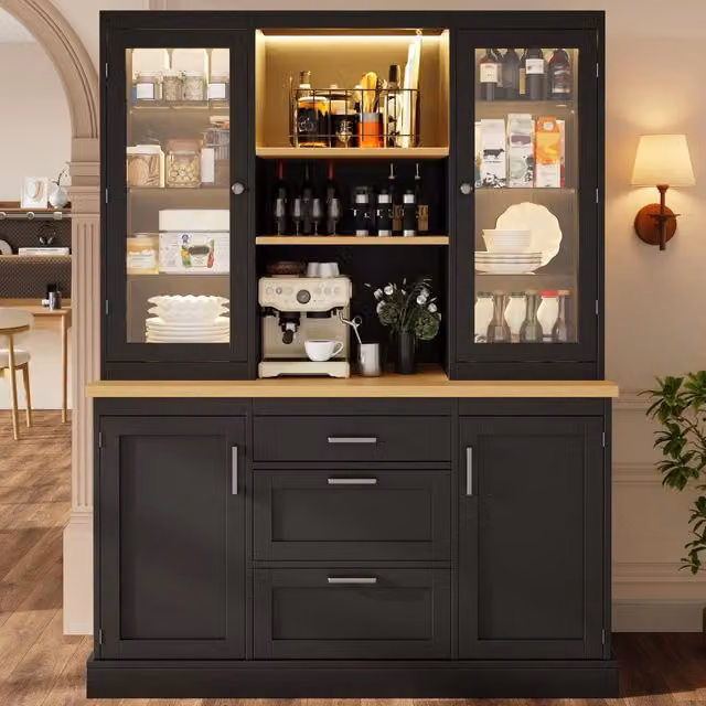 Mobile dispensa con LED RGB via app 3 cassetti ripiani regolabili piano di lavoro in legno nero 140 × 40 × 185 cm