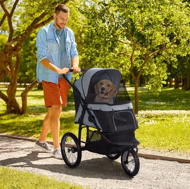 Passeggino jogging per cani pieghevole con 3 ruote; tettuccio e finestrini a rete grigio