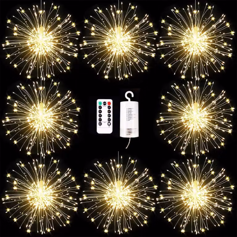 Catena luminosa a LED effetto fuochi d'artificio, 8 modalità, grado di protezione IP65, confezione da 8, colore giallo