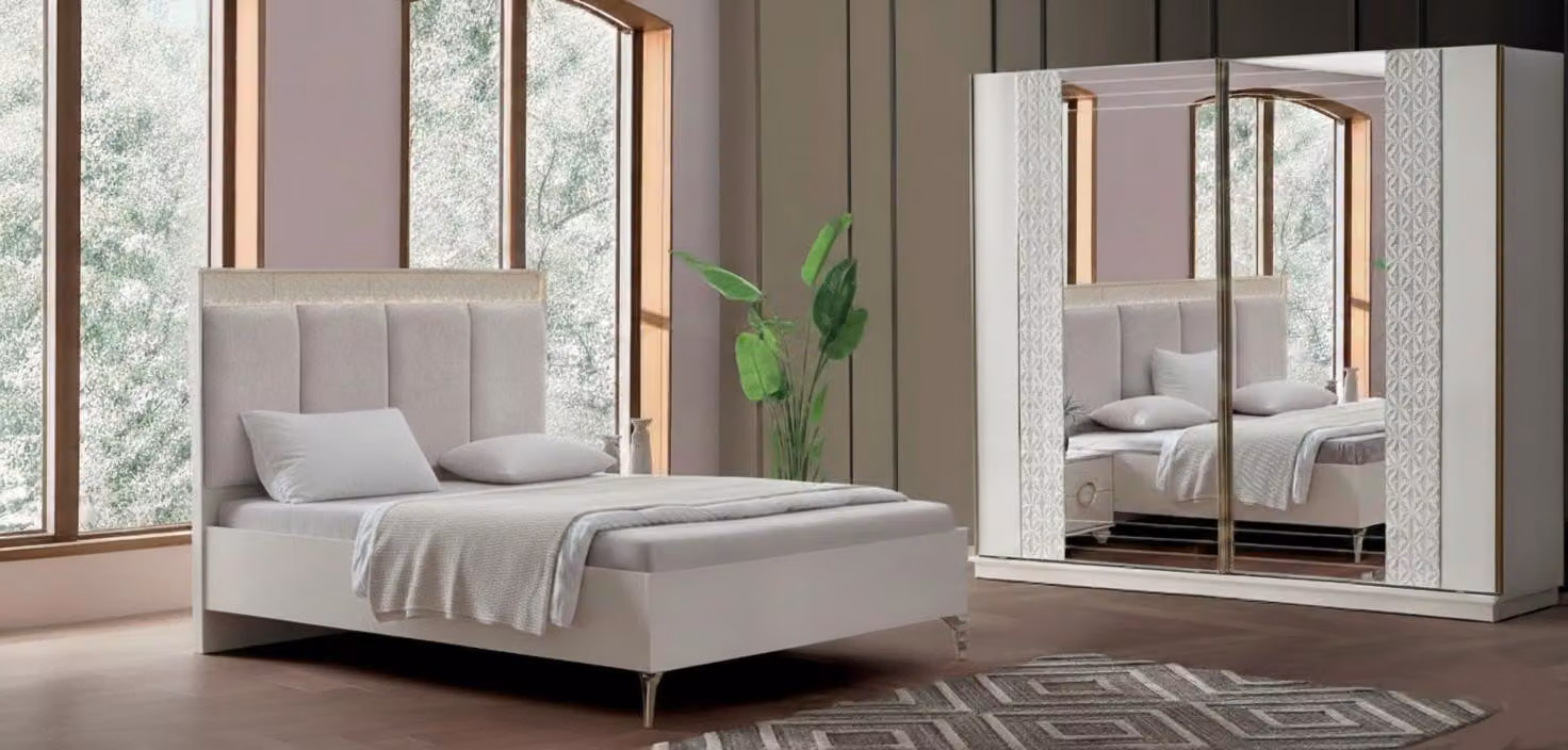 Set per camera da letto moderno: letto imbottito elegante, armadio robusto