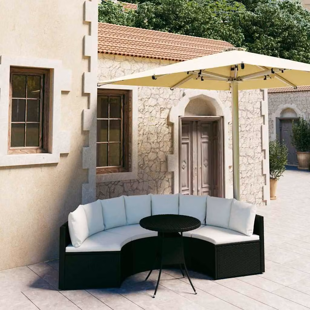 vidaXL Set Divani da Giardino 5 Pezzi a Forma di U con Cuscini e Tavolino da Caffè in Polyrattan e Metallo Nero e Bianco – 1