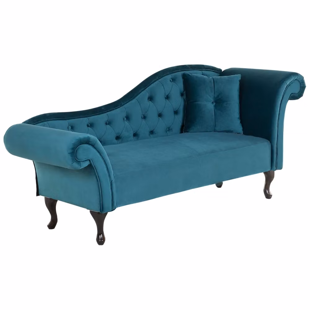 Chaise longue BELIANI in velluto turchese con braccio arrotolato a destra e cuscini inclusi L: 188 cm, P: 59 cm, H: 87 cm – 2
