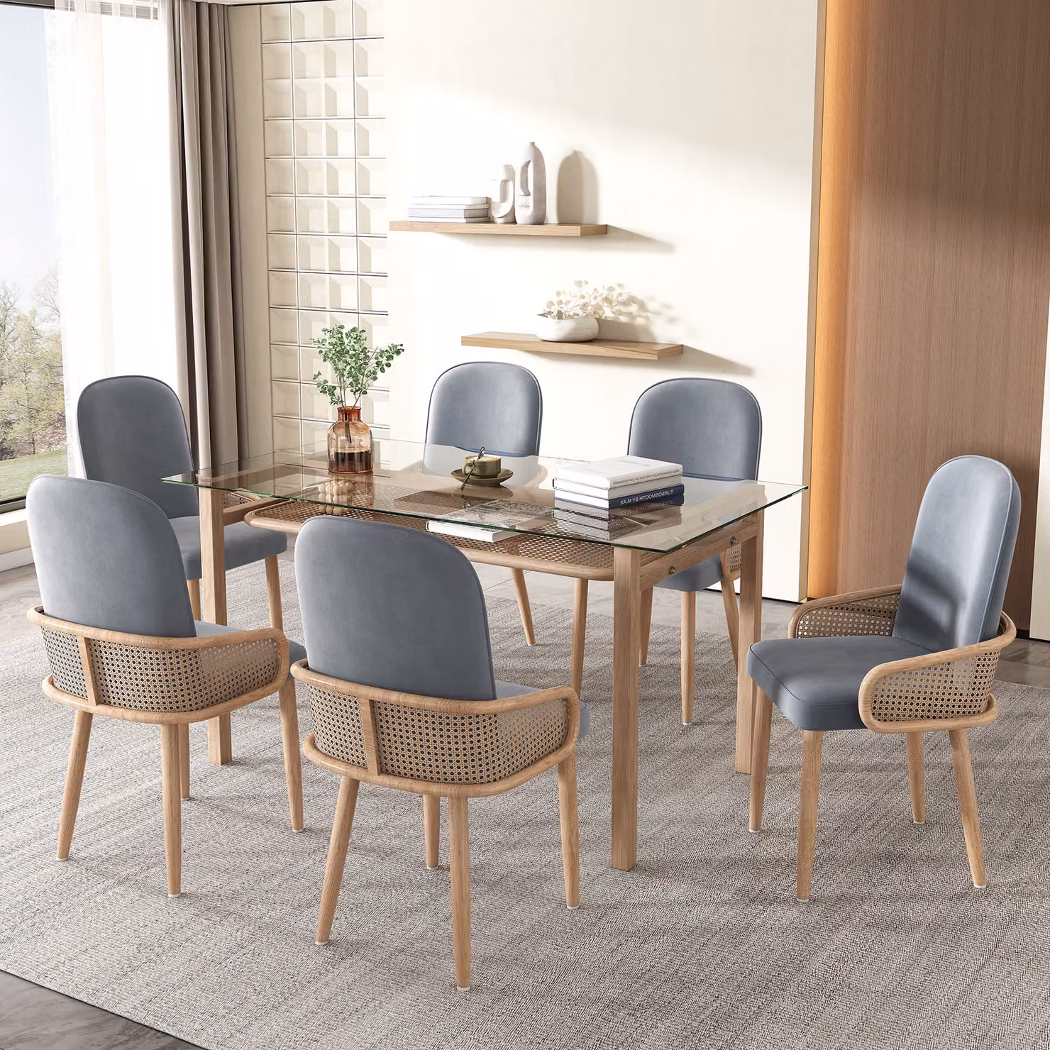 Set di 6 sedie da pranzo in rattan Flieks, poltrona da soggiorno con gambe in metallo, sedie da cucina sedia da lavoro sedia da pranzo con rivestimento in velluto, grigio