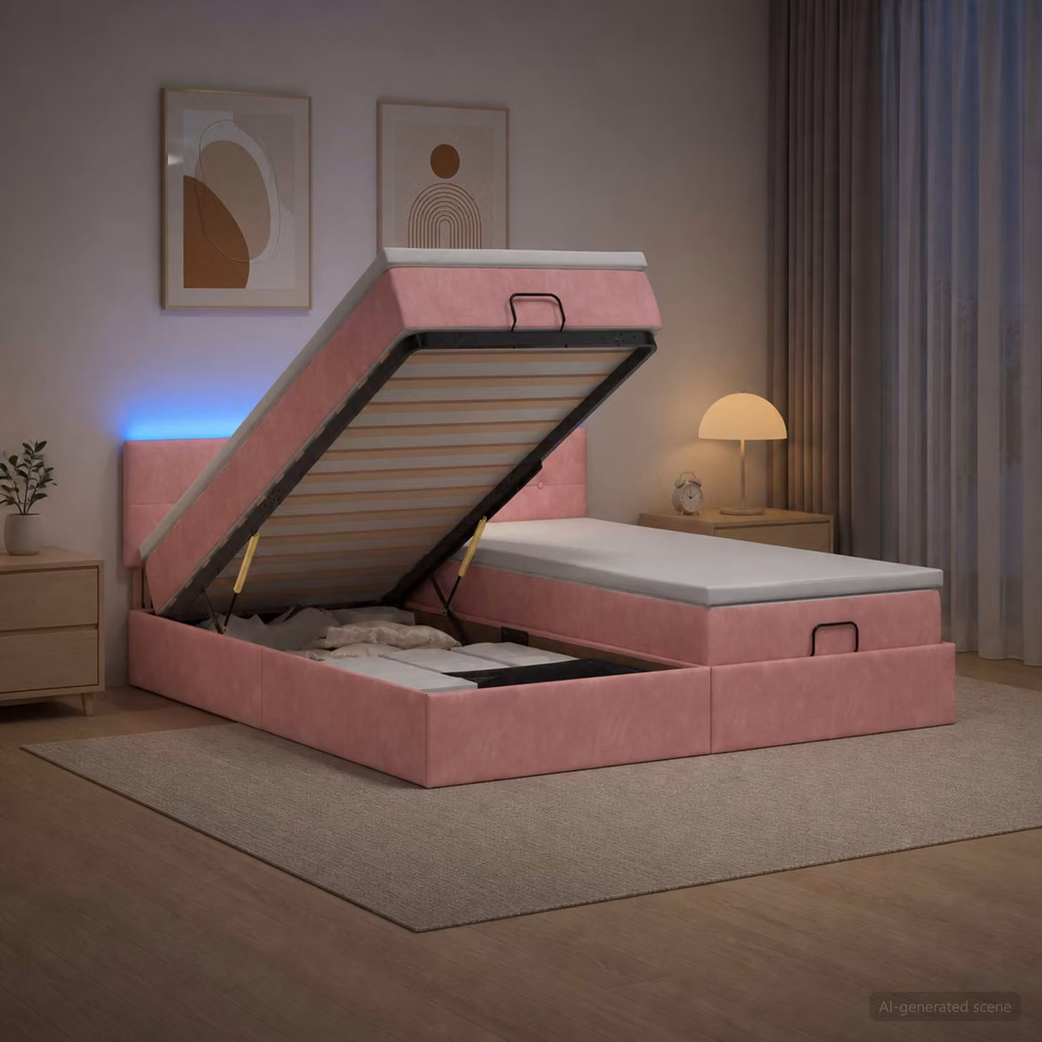 Letto Ottomano con Materasso e LED vidaXL in Velluto Rosa, L: 160 cm, P: 200 cm, H: 88 cm