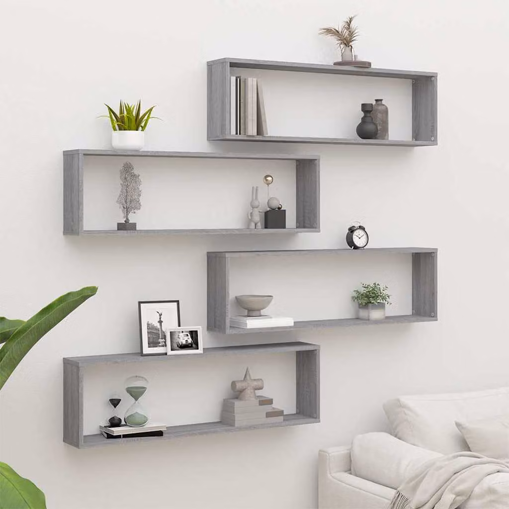 Set di 4 mensole a cubo vidaXL da parete in legno ingegnerizzato, colore grigio, L 100 cm x P 30 cm x H 15 cm