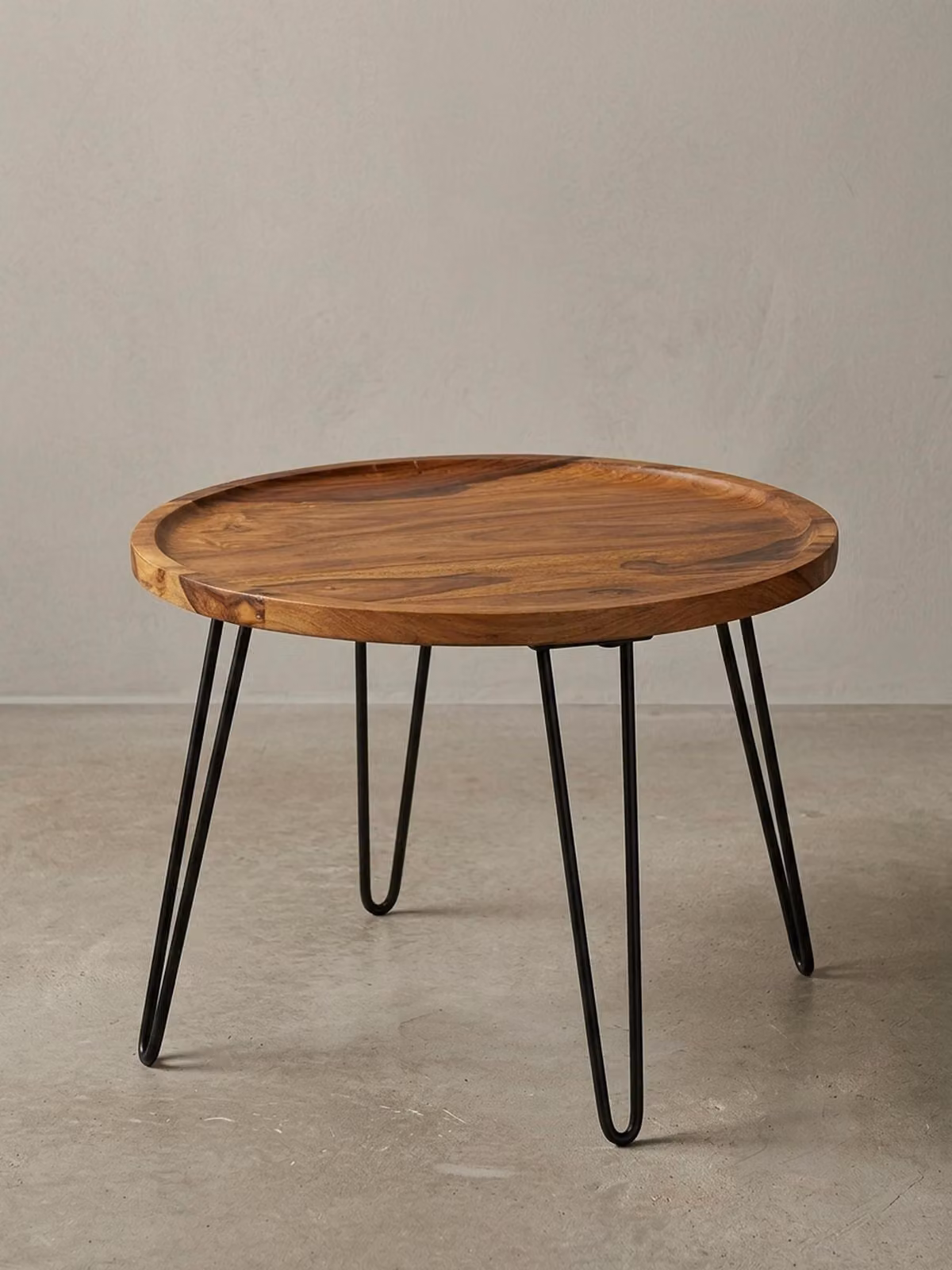 Tavolino da salotto in legno massello di sheesham 60x45x60 cm Tavolino da salotto rotondo, tavolino con gambe a forcella, tavolino da caffè in legno e metallo